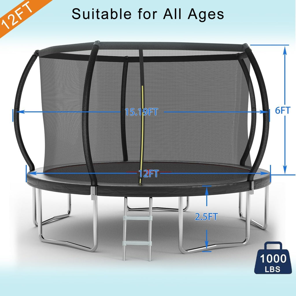 1500LBS 10FT 12FT 14FT 15FT 16FT Trampoline with LED Lights, Sprinkler, Music Speaker and Socks, ASTM Approved Outdoor Trampoline for Kids and Adults, Backyard Trampolines with Net Enclosure