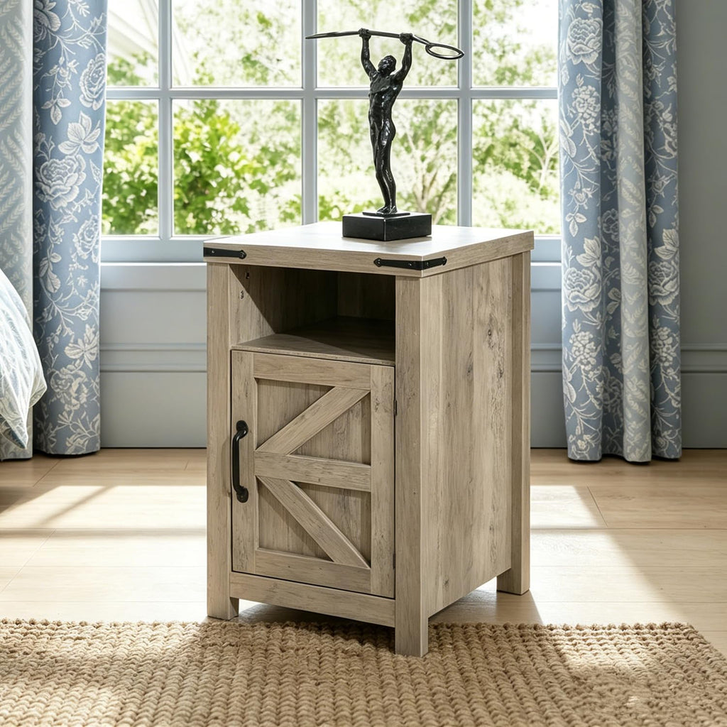 Grey Farmhouse Nightstand Set of 2, Rustic End Table with Barn Door and Shelf, Bedside Table with Charging Station for Living Room, Bedroom
