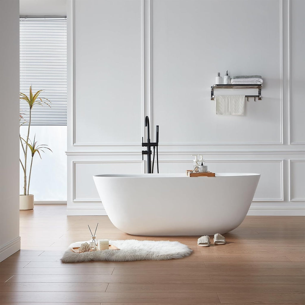 Cpingao (63'Lx31.5'Wx22'T) Stone Resin Solid Surface Freestanding Bathtub, Modern Elegant Design Soaking Stand Alone Tub, Matte White, Chrome Drain and Overflow Included 8823A