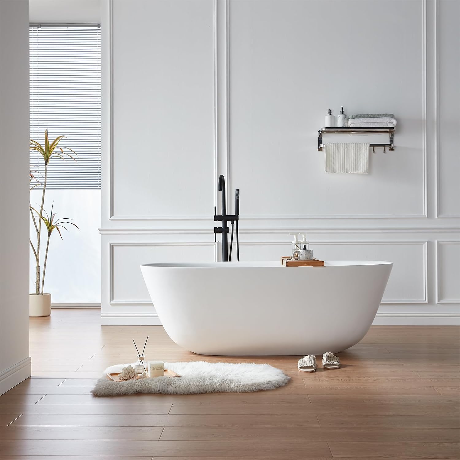 Cpingao 59' Solid Surface Freestanding Bathtub, Stone Resin Soaking Tubs, Stand Alone Tub with Pop-up Drain and Overflow, Matte White 8823A-1500