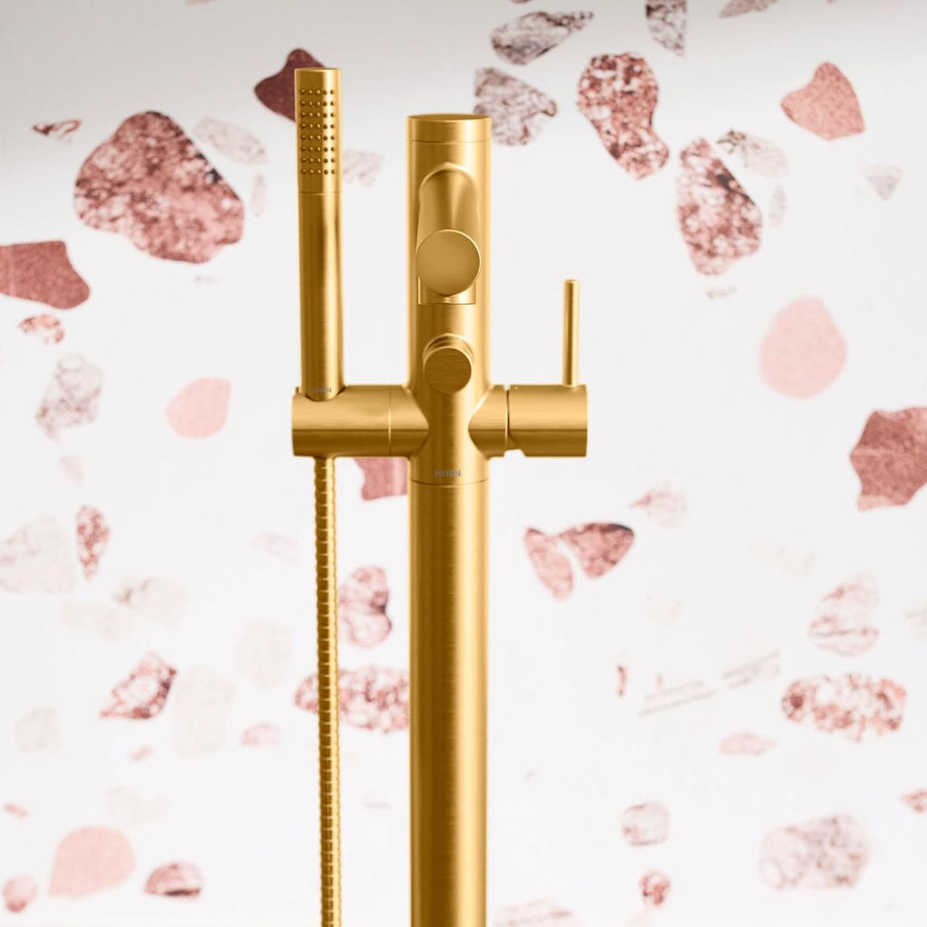 Moen Align Brushed Gold One-Handle Freestanding Floor Mount Tub Filler, Freestanding Tub Faucet with Handshower, 395BG
