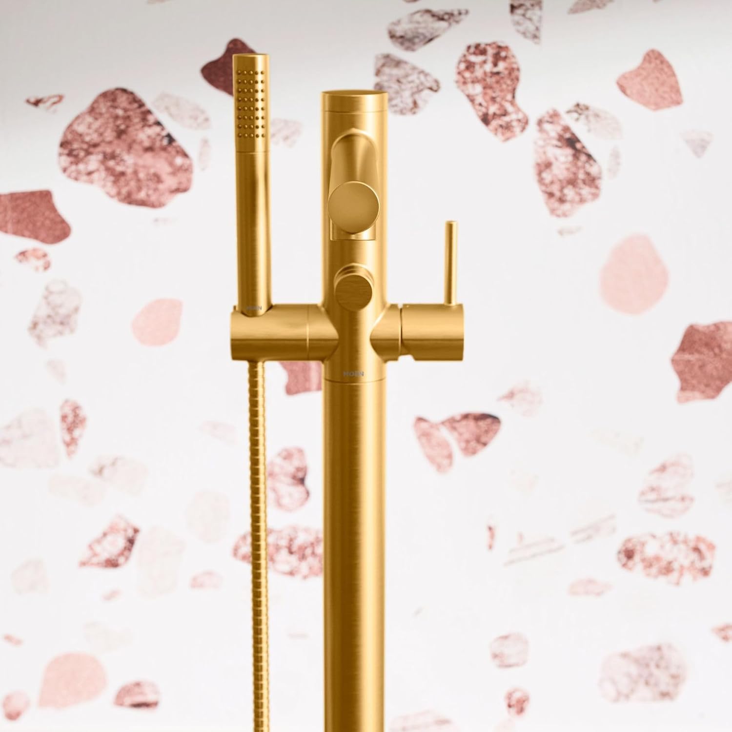 Moen Align Brushed Gold One-Handle Freestanding Floor Mount Tub Filler, Freestanding Tub Faucet with Handshower, 395BG