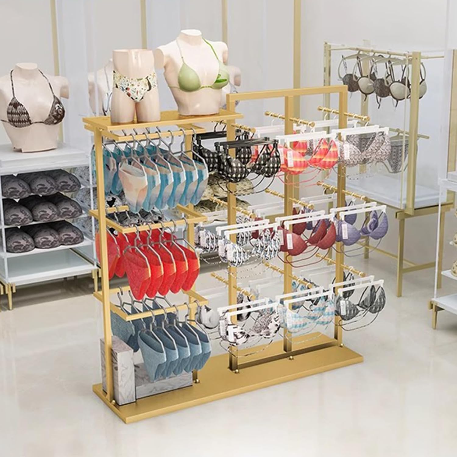 Freestanding Lingerie Garment Rack - Clothing Store Organizer for Underwear, Bras, Scarves & Shorts - Boutique Display Stand, White，Gold B 130X40X135CM