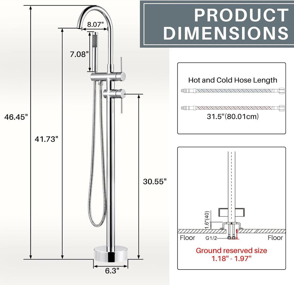 Freestanding Tub Filler Faucet, Floor Mount Chrome Bathtub Faucet with Single Handheld Shower, Brass Shower Tub Faucet Set Complete, Bathtub Faucet with Shower