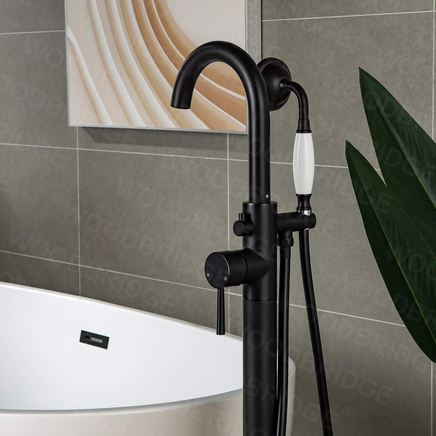 WOODBRIDGE WOODBRIDGEE Contemporary Single Handle Floor Mount Freestanding Tub Filler Faucet with Hand Shower in (Matte Black) Finish,F0006-MBVT