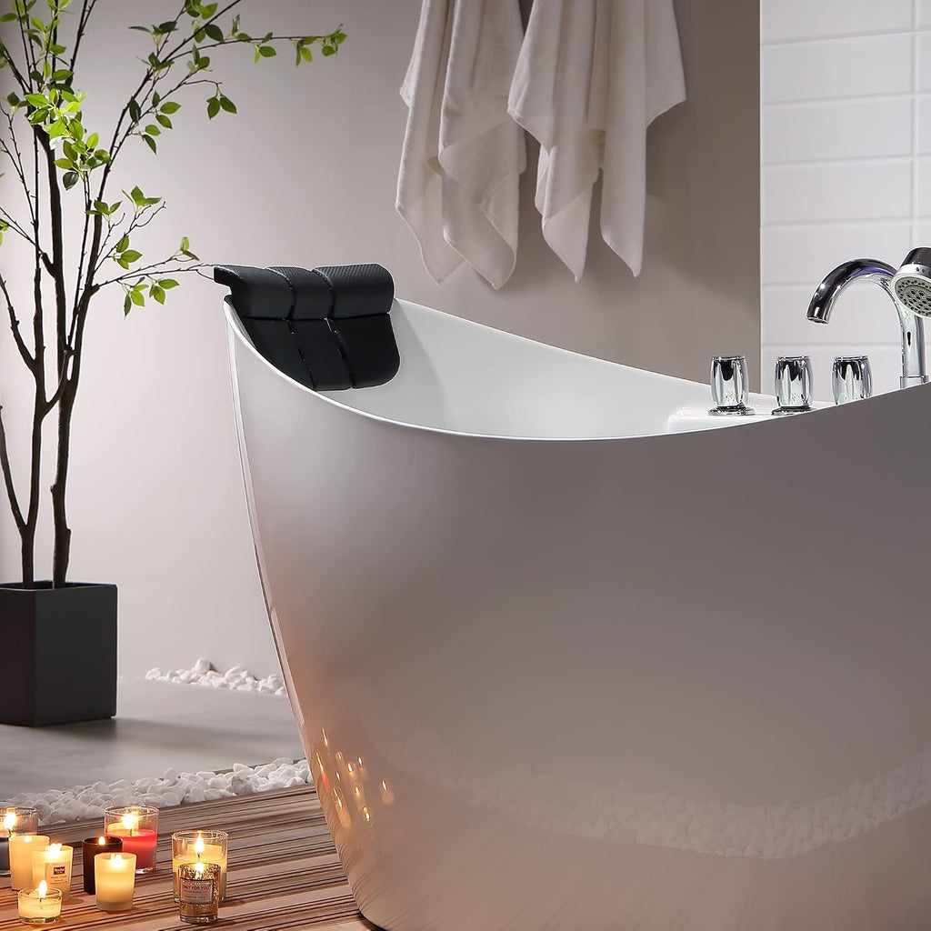 Empava 59 in. Acrylic Freestanding Tub Hydromassage Gracefully Oval Shaped Whirlpool 8 Water Jets Soaking SPA, Double-Ended Massage Bathtub with 2 Black Pillows