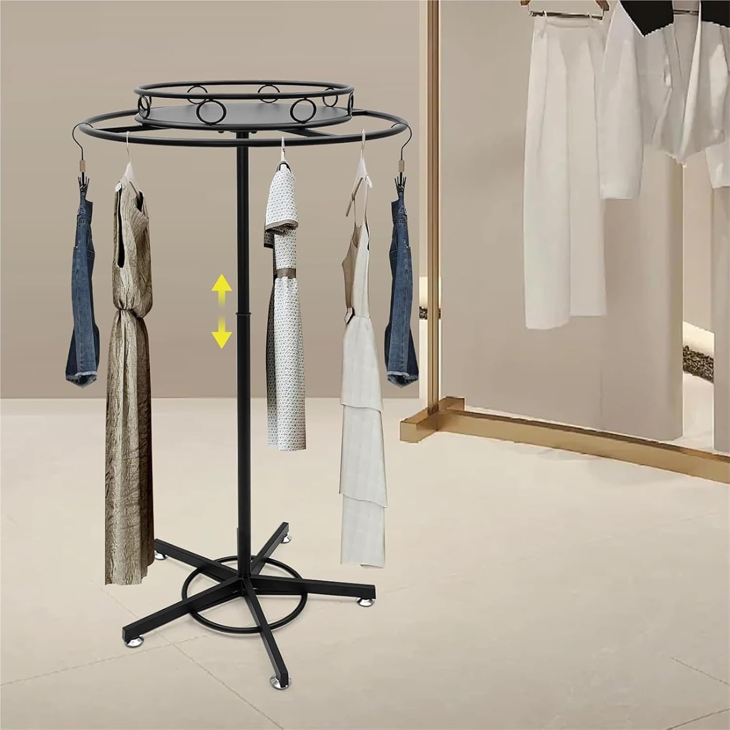 360° Rotating Round Garment Rack, Metal, Commercial Clothes Display Stand, Heavy Duty, for Retail Boutiques Home, Laundry Room, 50/60/70/80/90/100cm(Black,60cm)