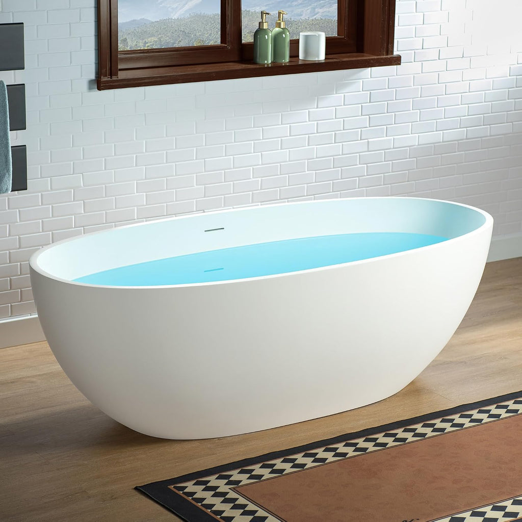 WOODBRIDGE 67' Stone Resin Freestanding Soaking Tub, Modern Oval Solid Surface Bathtub with Integrated Slotted Overflow & Drain, Matte White