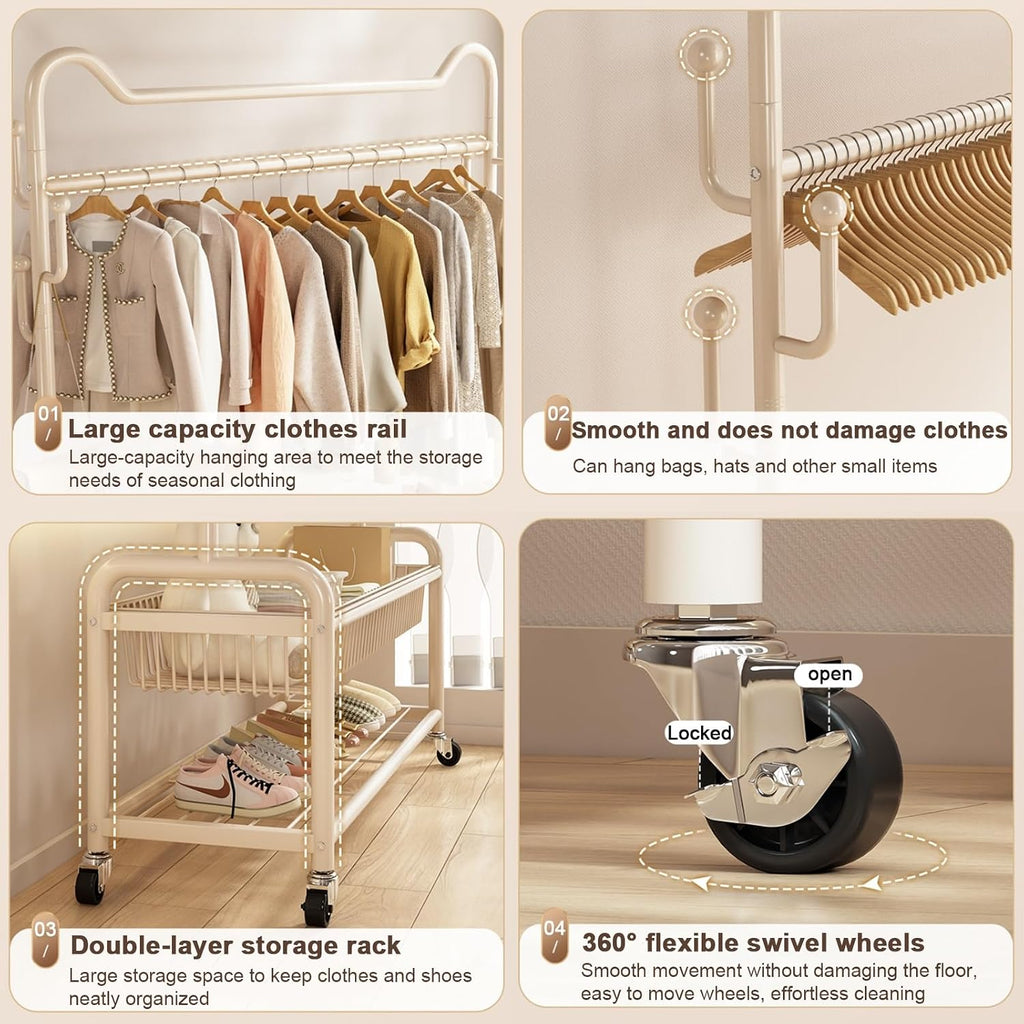 Heavy-Duty Clothes Rack,Garment Rack With Storage Shelves And Coat/Hat Hooks,Hanging Racks For Clothes With Wheels,Freestanding Rolling Clothing Organizer For Bedroom Storage(Gold,60cm(23.6in))