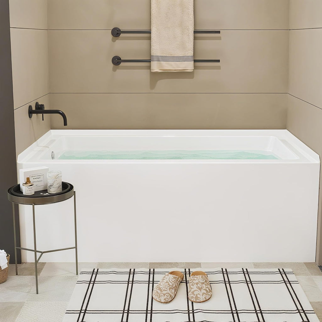 Alcove Bathtub 60x30 Inches - Built-in Apron & Brushed Nickel Drain | Left Drain Configuration | Gloss White Acrylic Soaking Tub