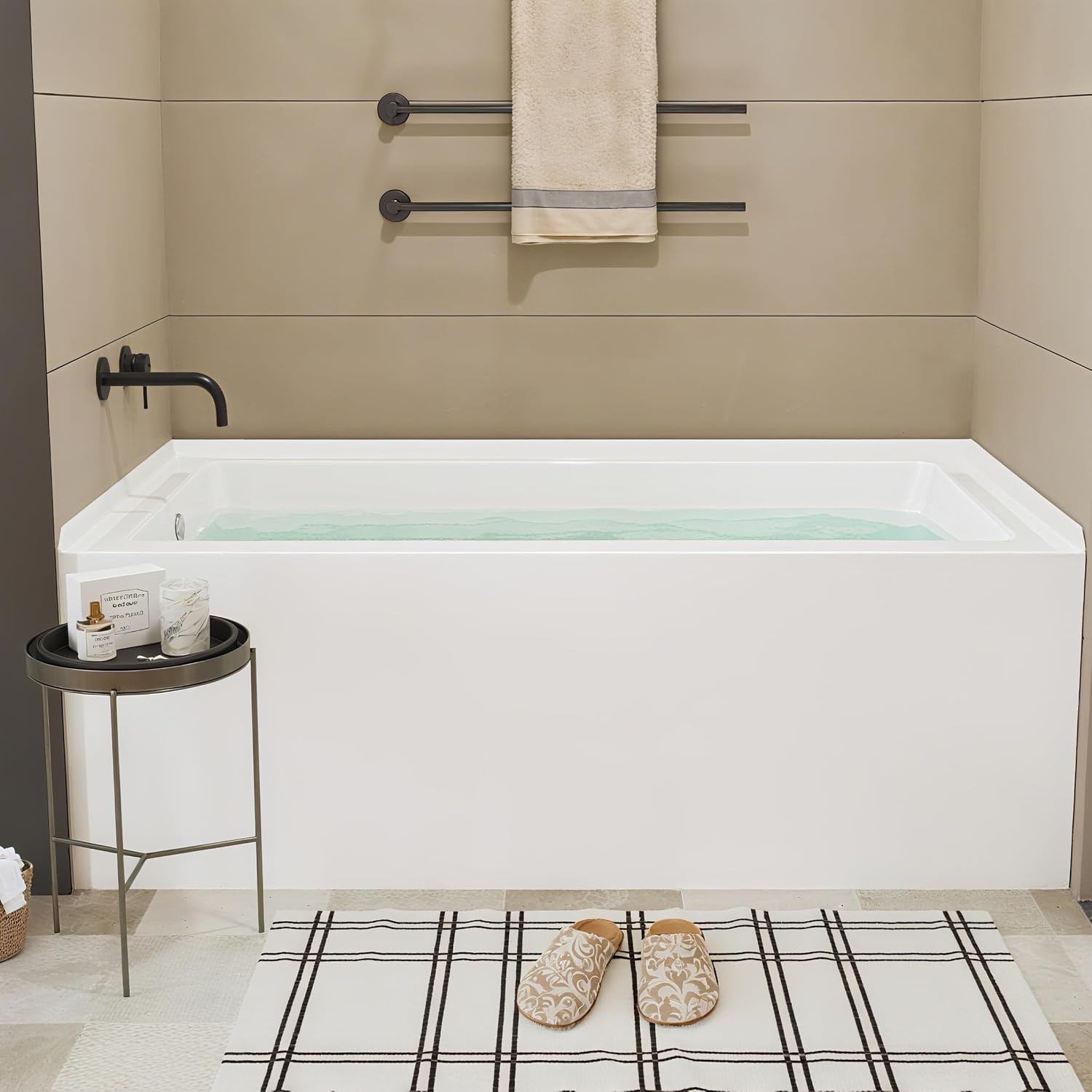 Alcove Bathtub 60x30 Inches - Built-in Apron & Brushed Nickel Drain | Left Drain Configuration | Gloss White Acrylic Soaking Tub