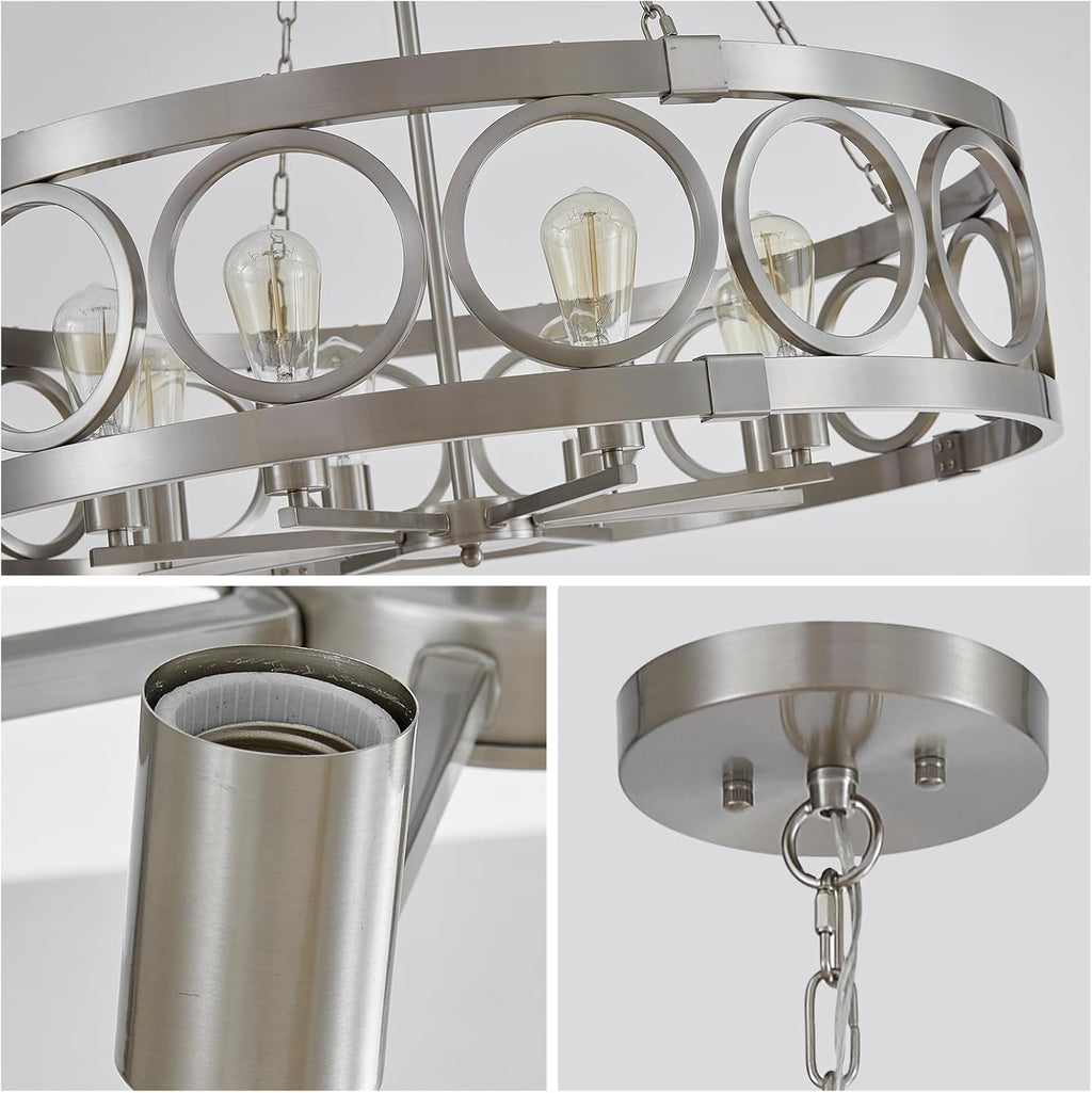XINGQI 32.3' Large Brushed Nickel Drum Chandelier Modern 8-Light Rustic Farmhouse Round Pendant Lighting Fixture for Dining Room Living Room Office Kitchen Island