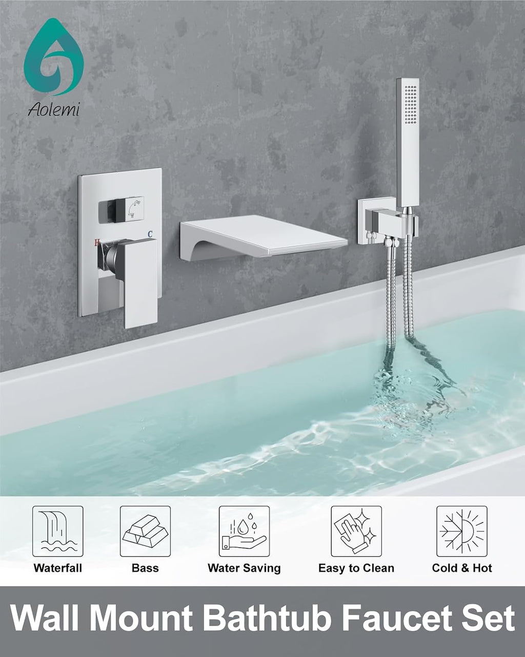 Aolemi Wall Mount Bathtub Faucet,Tub Faucet Set Waterfall Wall Mounted Tub Filler with Handheld Sprayer Single Handle,Polish Chrome