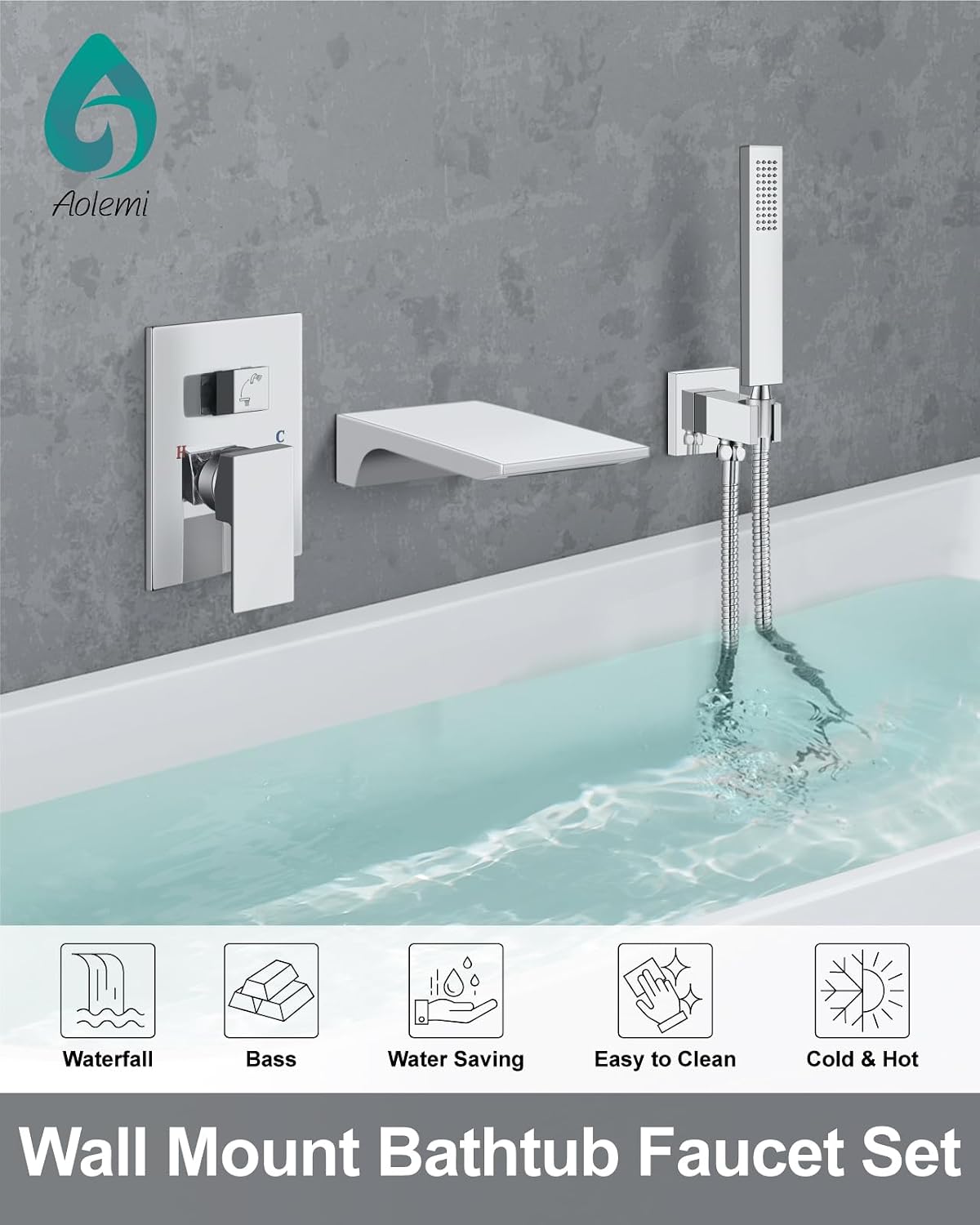 Aolemi Wall Mount Bathtub Faucet,Tub Faucet Set Waterfall Wall Mounted Tub Filler with Handheld Sprayer Single Handle,Polish Chrome