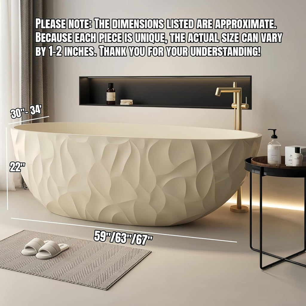 67' Edeyeu Luxury Freestanding Bathtub – Modern Solid Surface Bathtub With Ripple Design, Extra Deep Soaking Tub, Ergonomic Stand Alone Tub For Contemporary Luxury Bathrooms H