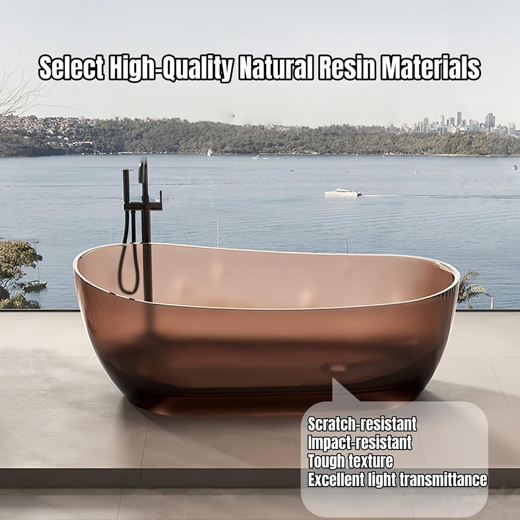 60' Edeyeu Freestanding Bathtub - Modern Minimalist Soaker Tub with Natural Resin Construction, Durable Stand Alone Tub for Luxurious Soaking Experience, with Drain Blue