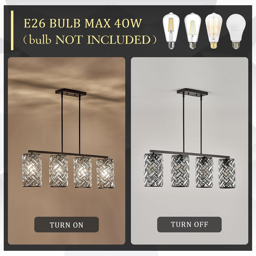 CATINER 40' Crystal Kitchen Island Lighting 4 Lights Modern Black Linear Chandelier Dining Room Light Fixture Over Table Luxury Ceiling Pendant Light Fixture