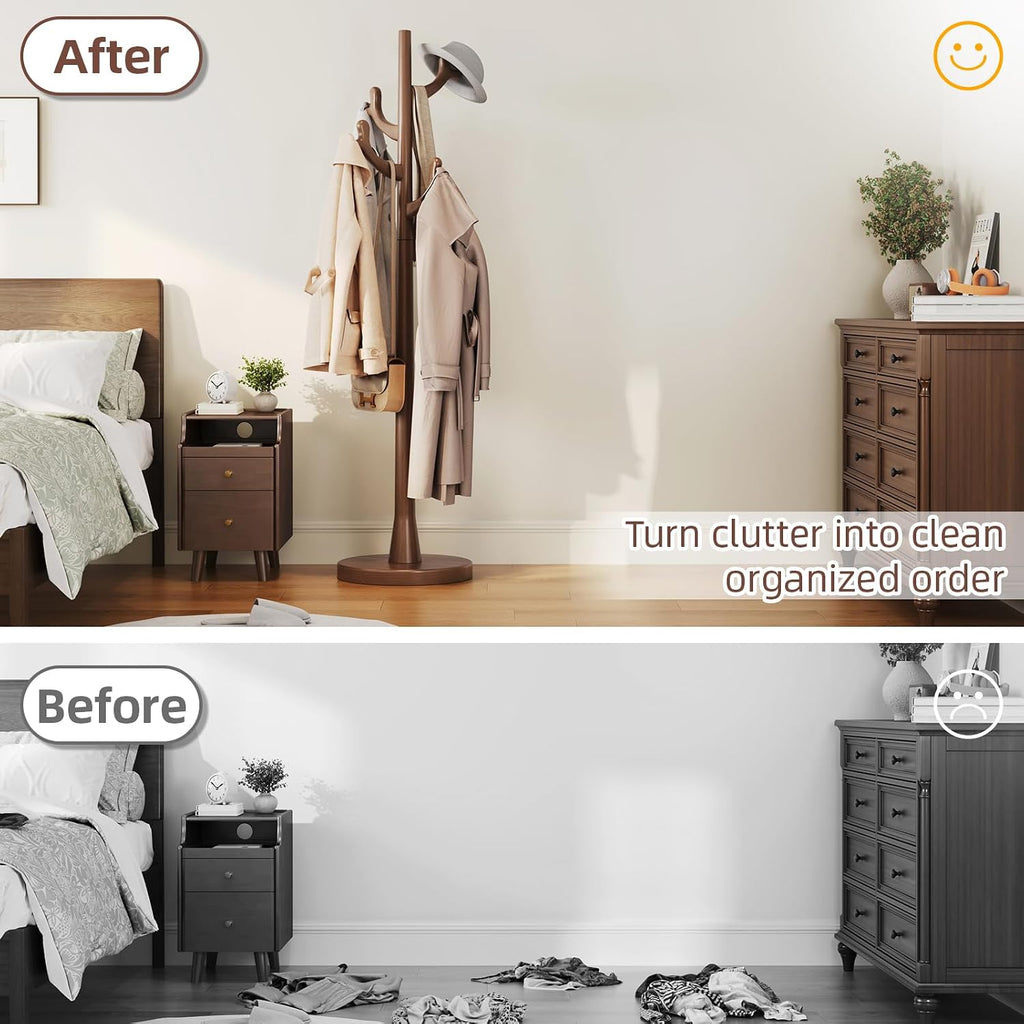 CozyDH Walnut Premium Solid Wood Freestanding Coat Rack, 4 Hooks Creative Tree Branch Look, Sturdy Standing Coat Tree for Entryway Bedroom Hallway Home Decor