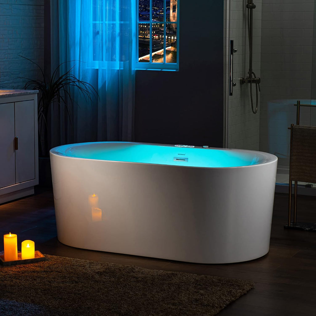 WOODBRIDGE 59' x 31-1/2' Whirlpool Water Jetted and Air Bubble Freestanding Heated Soaking Combination Bathtub with LED control panel, BJ100, White | Whirlpool Water Jetted, Air Bubble, Heated Soaking, LED Control Panel