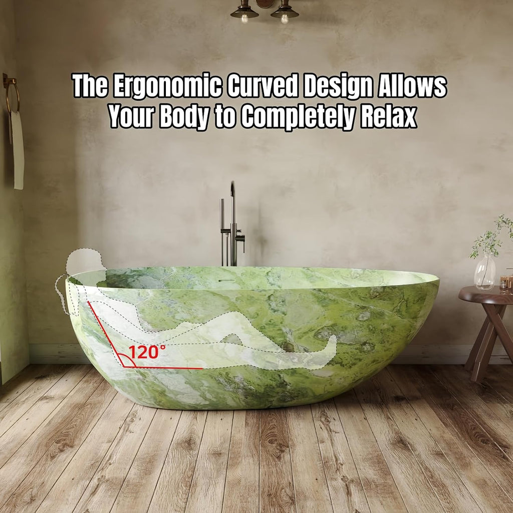 60' Edeyeu Freestanding Bathtub - Deep Soaking Tub with Engineered Stone Build, Ergonomic Backrest and Heat-Retaining Layers, Modern Solid Surface Bathtub for Luxury Home Spa Rock color C