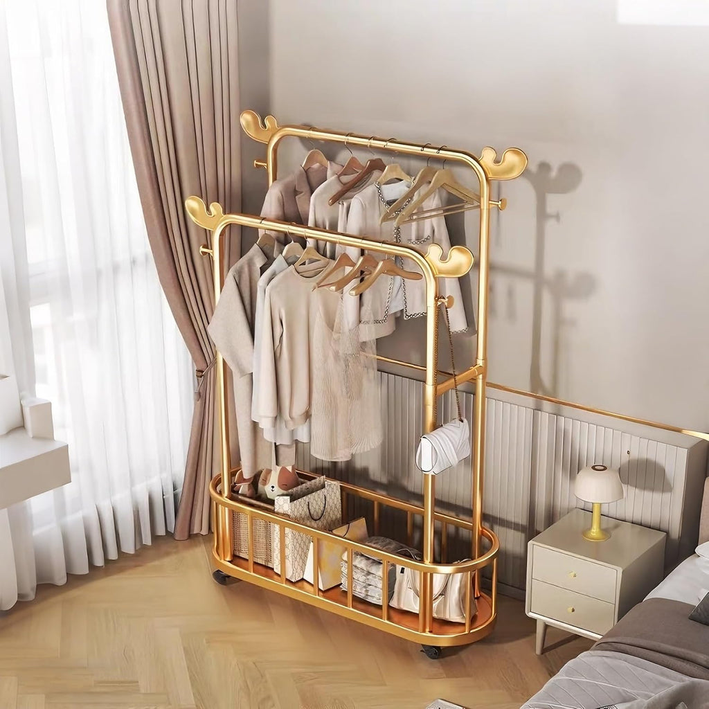 Modern Double-Rod Clothing Rack with Storage Shelf, Metal Wardrobe Stand with Wheels, Clothes Racks, Freestanding Garment Organizer for Bedroom or Dressing Area – Gold(80cm(31.5in))