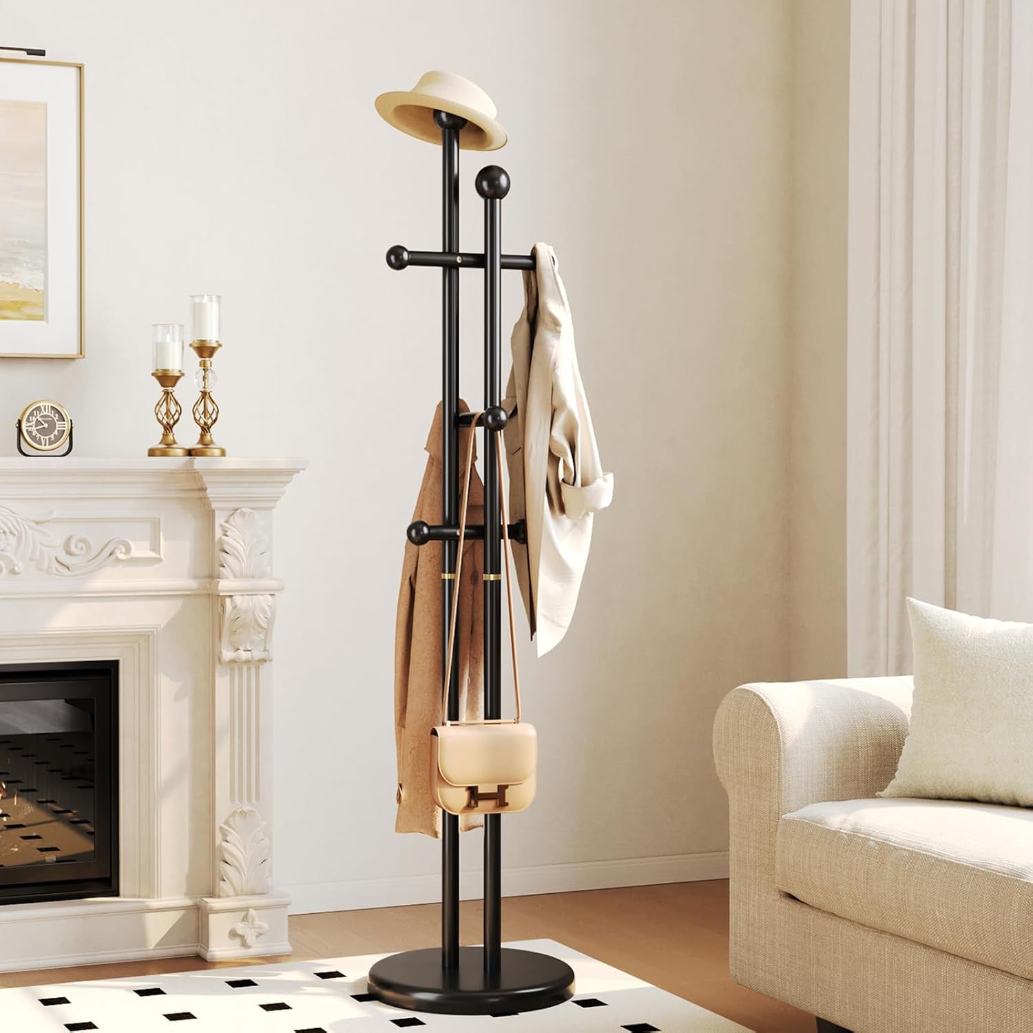 CozyDH Coat Rack Wooden Freestanding - Wood Coat Rack Freestanding Heavy Duty, Wooden Coat Stand with 6 Hooks Creative Look for Entryway, Hallway, Bedroom (Black)