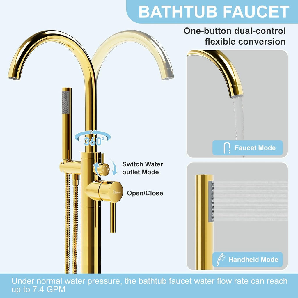 HAWKROWN Freestanding Bathtub Faucet, Floor Mount Bathtub Faucet with 2 Water Outlet Modes, Swivel Gooseneck Spout with Hand Shower, Brass Single Handle Tub filler, Max Flow Rate 7.4 GPM, Gold