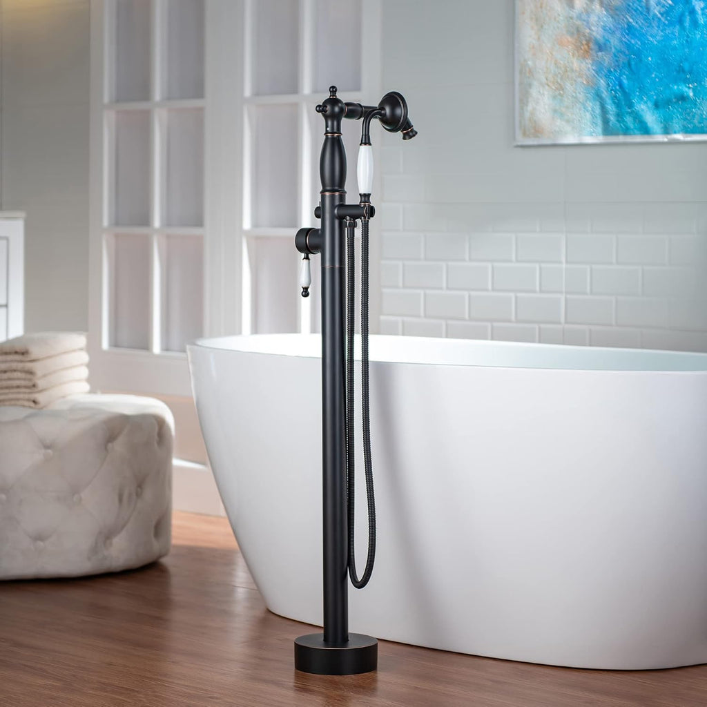 WOODBRIDGE Contemporary Single Handle Floor Mount Freestanding Tub Filler Faucet with Hand Shower in Oil Rubbed Bronze Finish