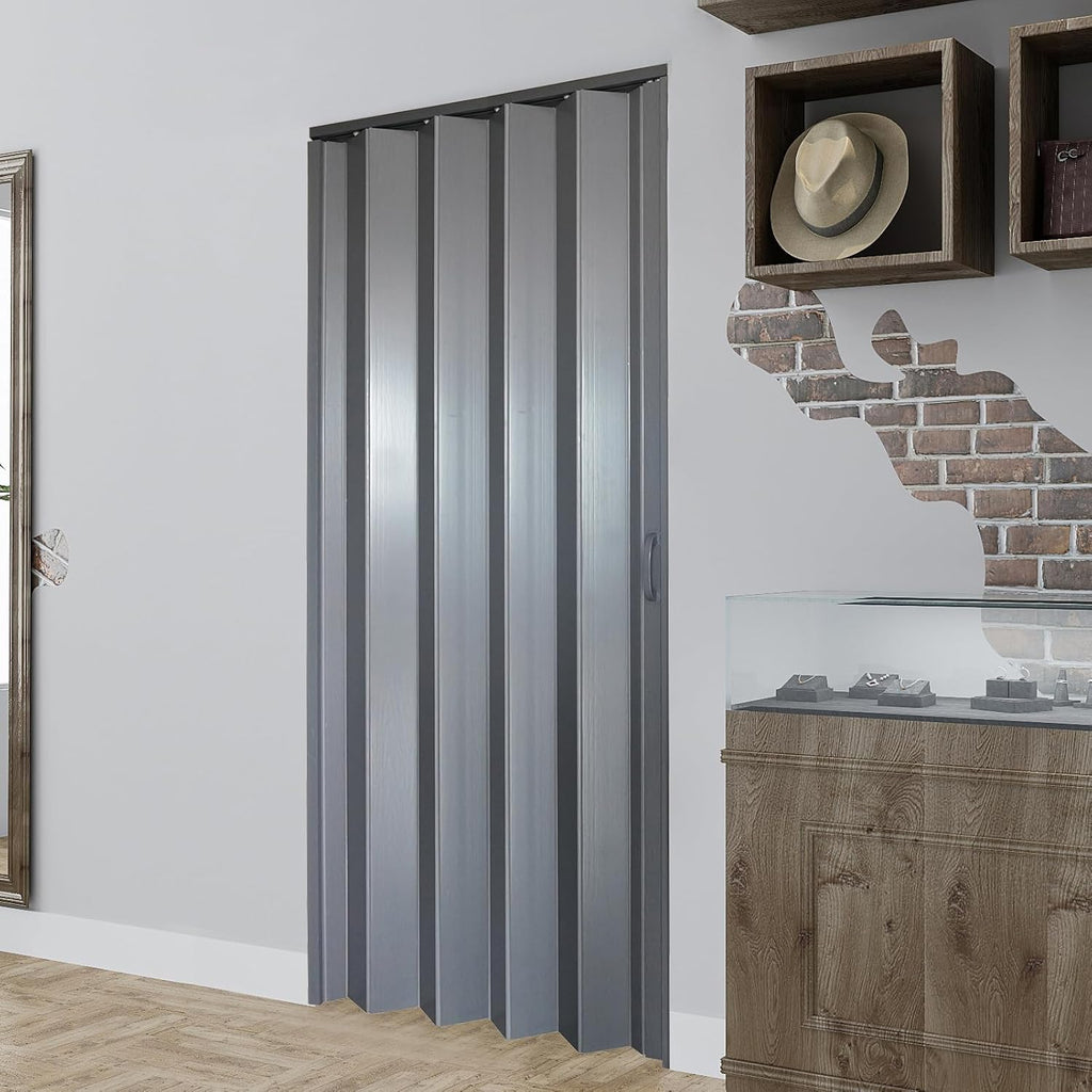 DIYHD 38X80in Interior Folding PVC Accordion Door,Grey,Include Door and Mounting Hardware,Handle,Latch,Folded Width 5-1/8'