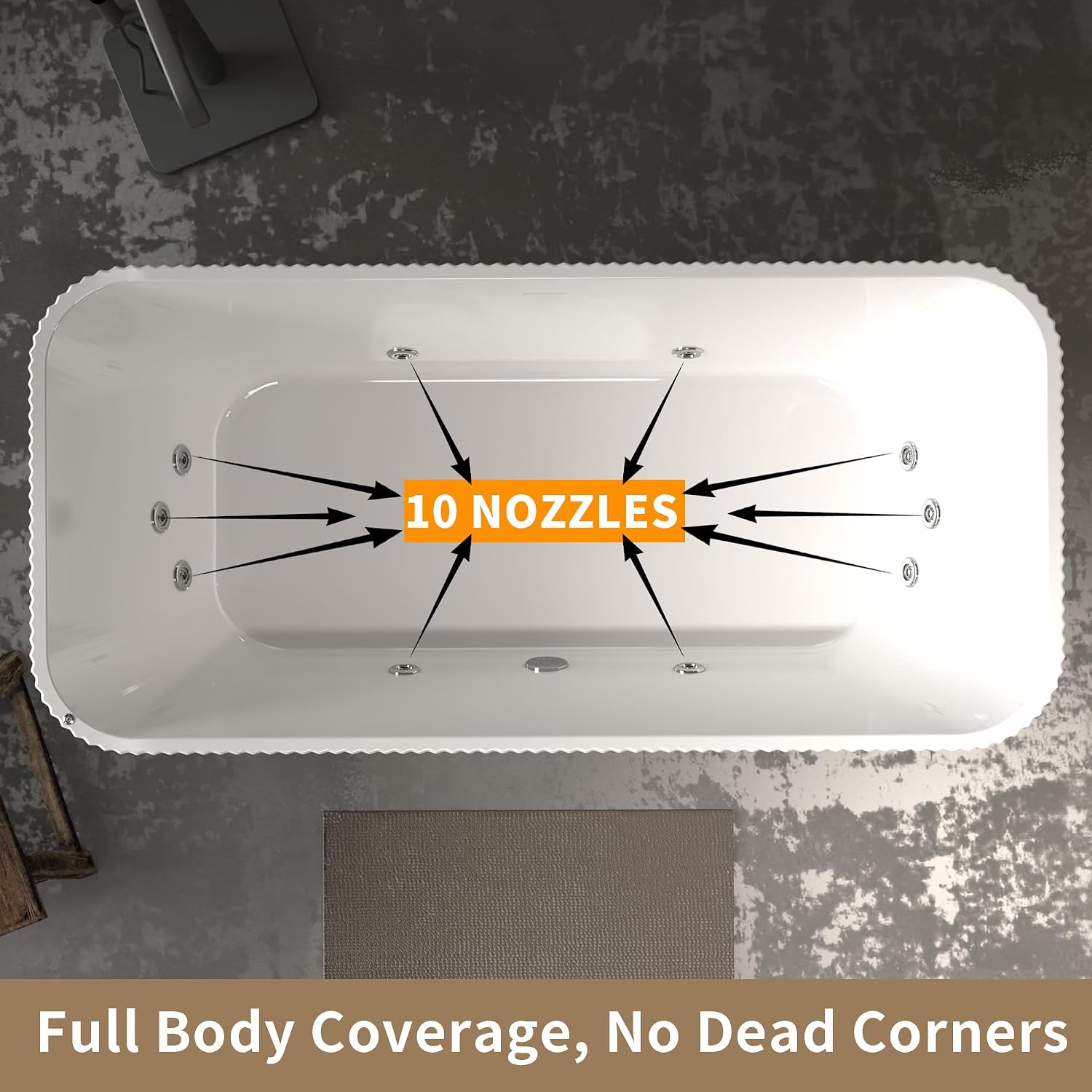 67-Inch Luxury Freestanding Rectangular Massage Bathtub with 10 Hydrotherapy Jets, Glossy White Acrylic, Chrome Pop-up Drain, cUPC Certified.