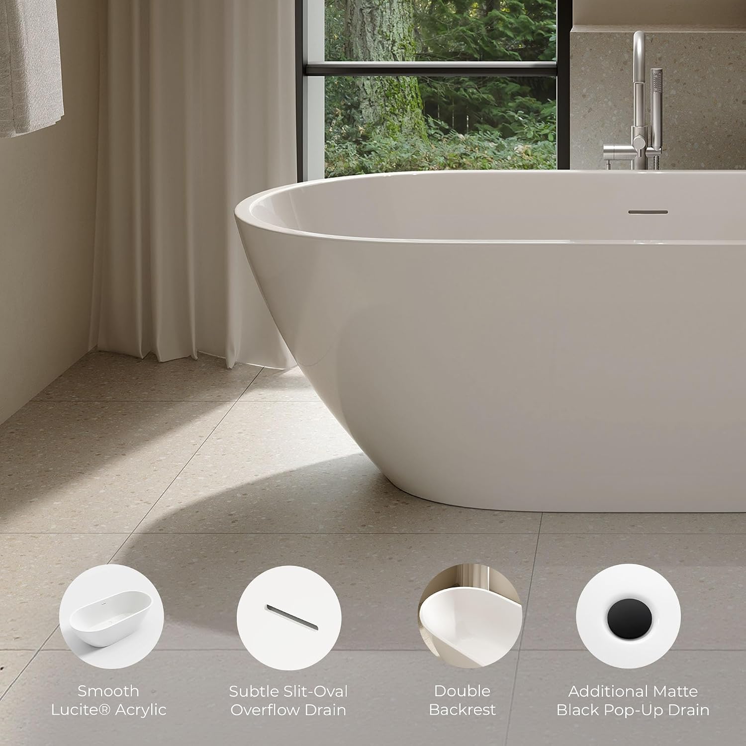 OVE Decors Ayago 66 in. Solid Surface Freestanding White Acrylic Soaking Bathtub, with Overflow and Matte Black Pop-up Drain