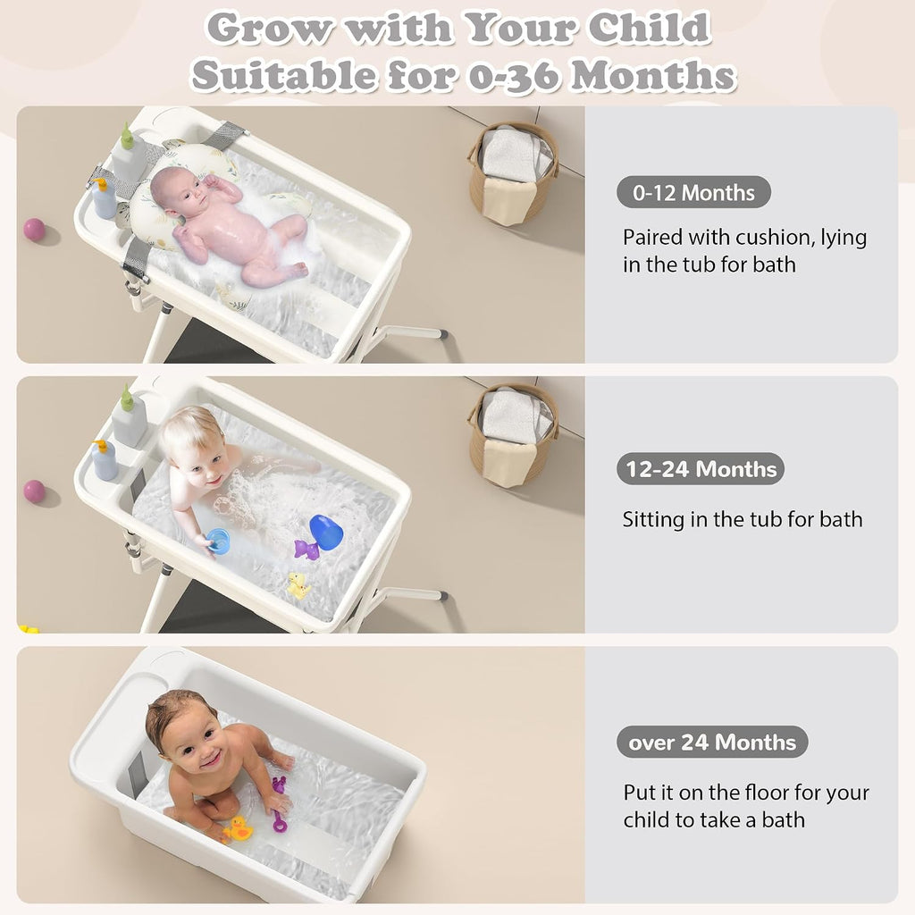 iNeibo Collapsible Baby Bathtub with Stand and Soft Infant Cushion - Suitable for 0-36 Months Toddlers - Back Pain Saving Design