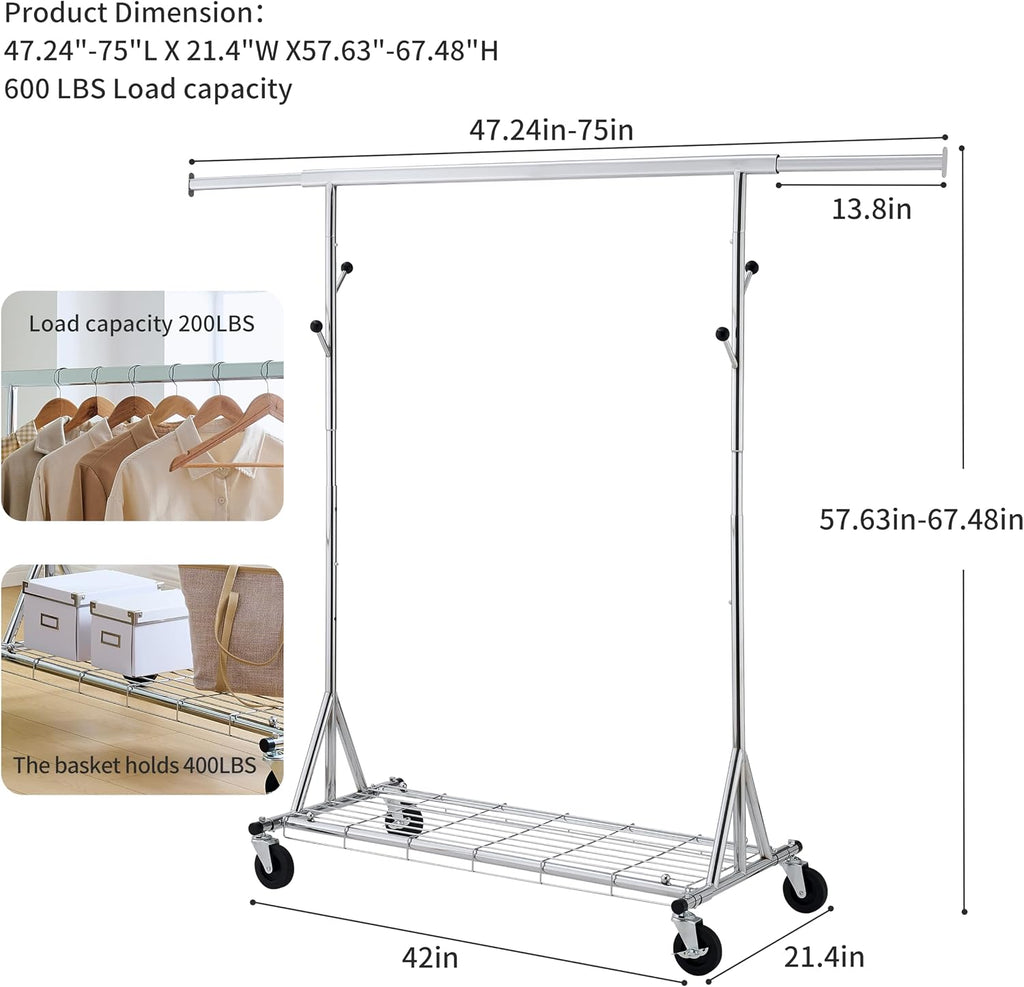 Heavy-Duty 600LBS Rolling Clothes Rack - Commercial-Grade, Adjustable, Extendable & Collapsible Garment Rack with Wheels and Triangular Stability Bracket