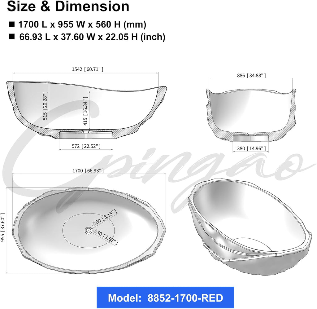Cpingao 67' Resin Translucent Freestanding Bathtub, Modern Oval Stand Alone Tubs, Contemporary Transparent Resin Freestanding Bath 1700 MM with Drain Fiery Red 8852-1700-RED