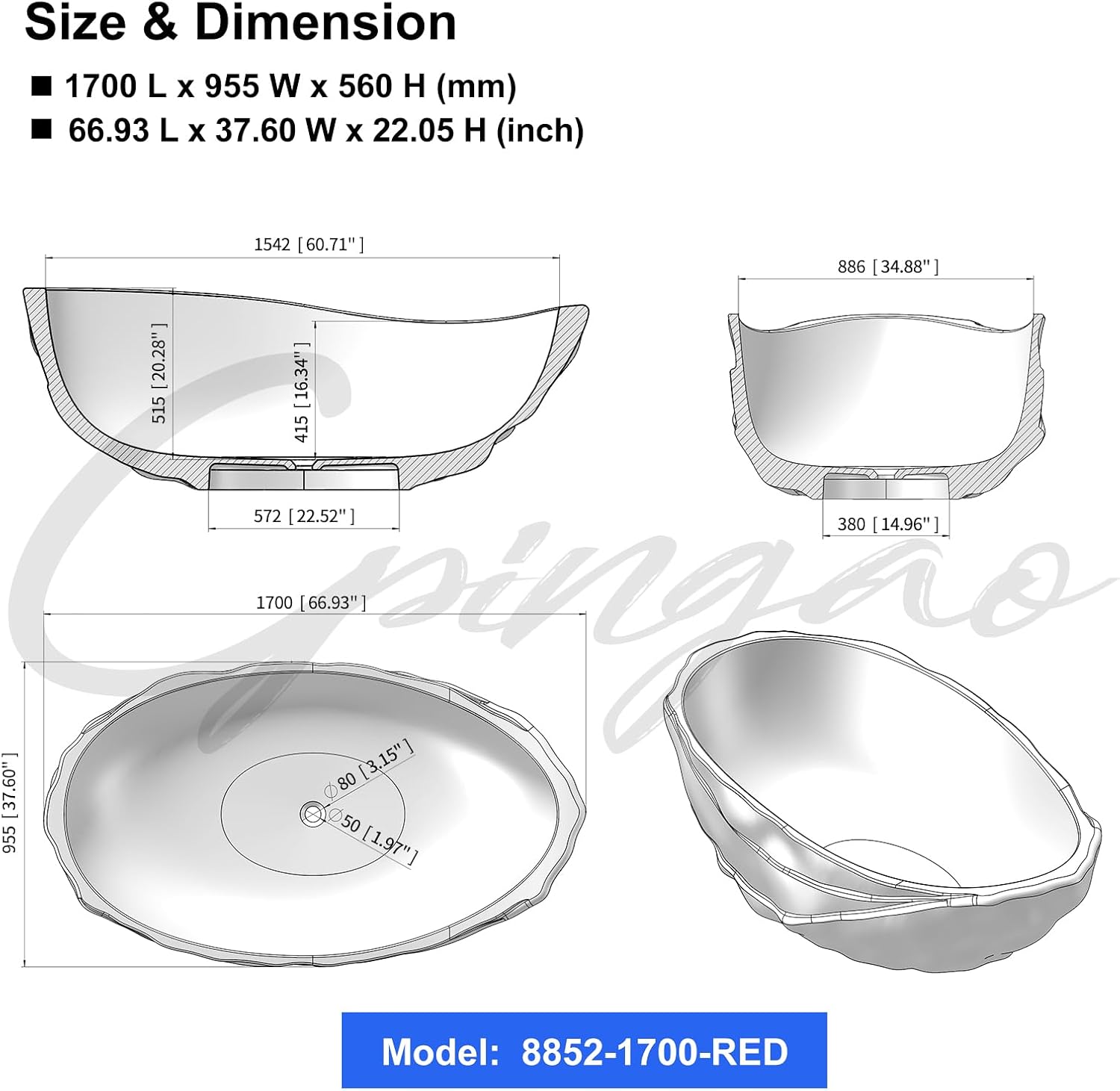 Cpingao 67' Resin Translucent Freestanding Bathtub, Modern Oval Stand Alone Tubs, Contemporary Transparent Resin Freestanding Bath 1700 MM with Drain Fiery Red 8852-1700-RED