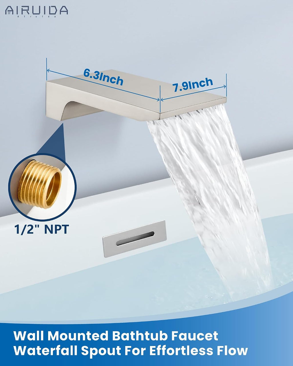 Airuida Wall Mount Tub Faucet with Waterfall Tub Spout Wall Mounted Bathtub Faucet with Handheld Shower Single Handle Tub Filler Shower Faucet Set with Rough-in valve Straight Spout Brushed Nickel