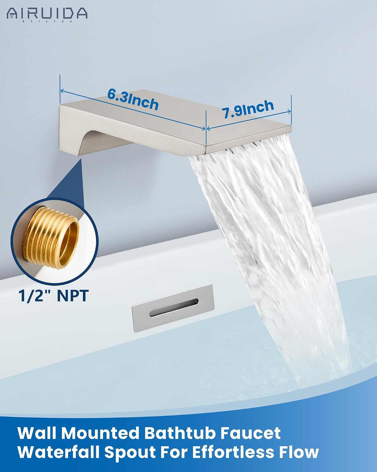 Airuida Wall Mount Tub Faucet with Waterfall Tub Spout Wall Mounted Bathtub Faucet with Handheld Shower Single Handle Tub Filler Shower Faucet Set with Rough-in valve Straight Spout Brushed Nickel