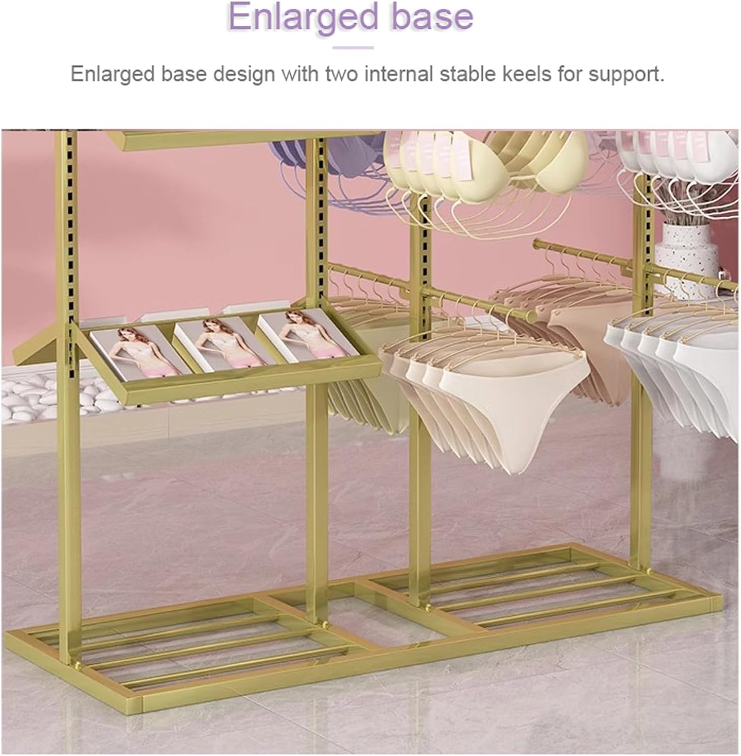 Adjustable Underwear Display Stands, Double-Sided Wrought Iron Floor-Standing Display Stand, Garment Racks with Top Storage Shelf and Hanging Bar, for Bag Skirts Socks Panties Shorts Underwear Bra
