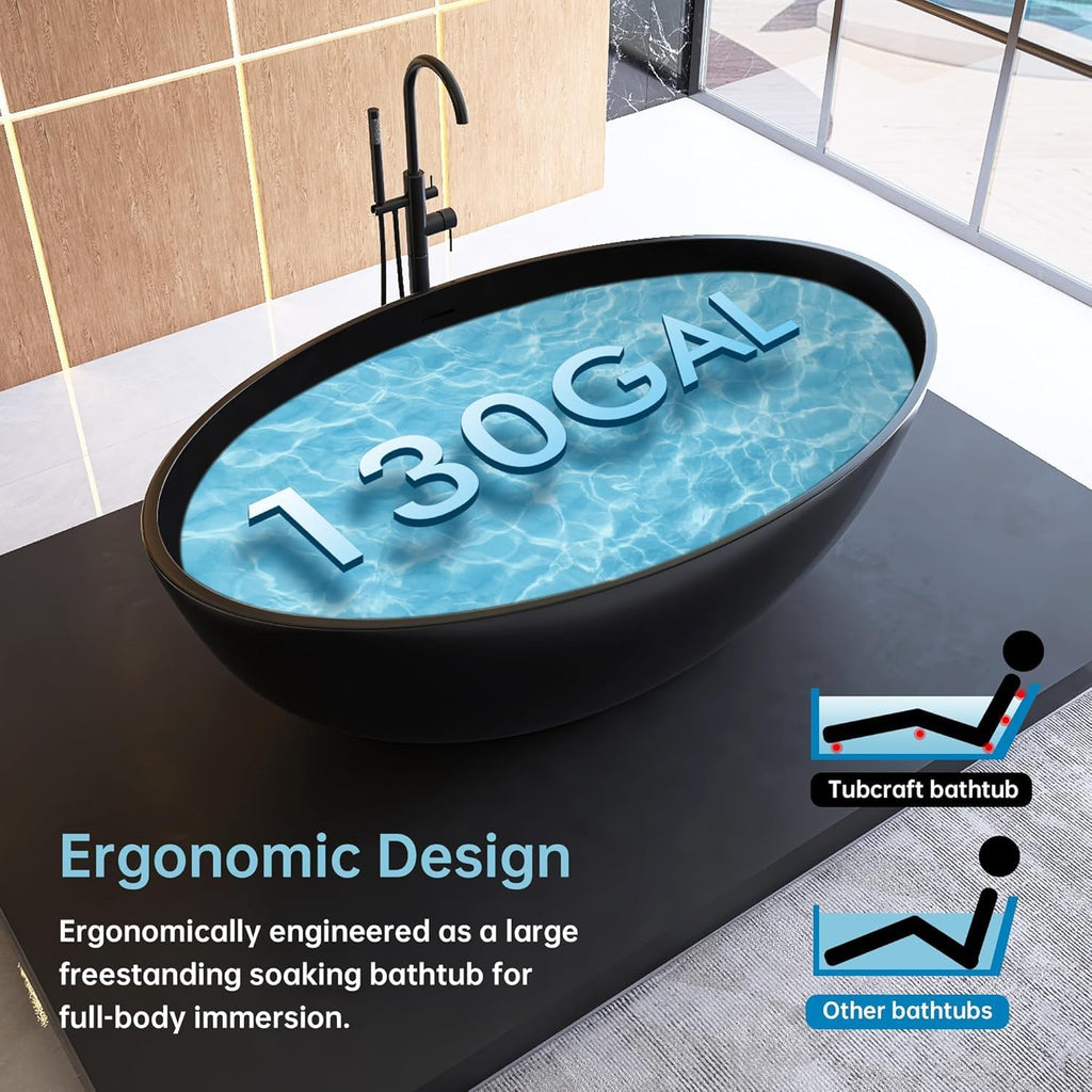Oval 67' Freestanding Tub, Solid Surface Bathtub Matte Black | Stone Resin, Overflow and Pop up Drain, Solid Surface Bathroom Soaking Tub, Cupc Certified, Contemporary