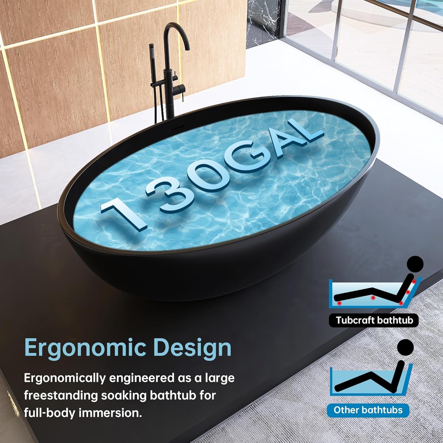 Oval 67' Freestanding Tub, Solid Surface Bathtub Matte Black | Stone Resin, Overflow and Pop up Drain, Solid Surface Bathroom Soaking Tub, Cupc Certified, Contemporary