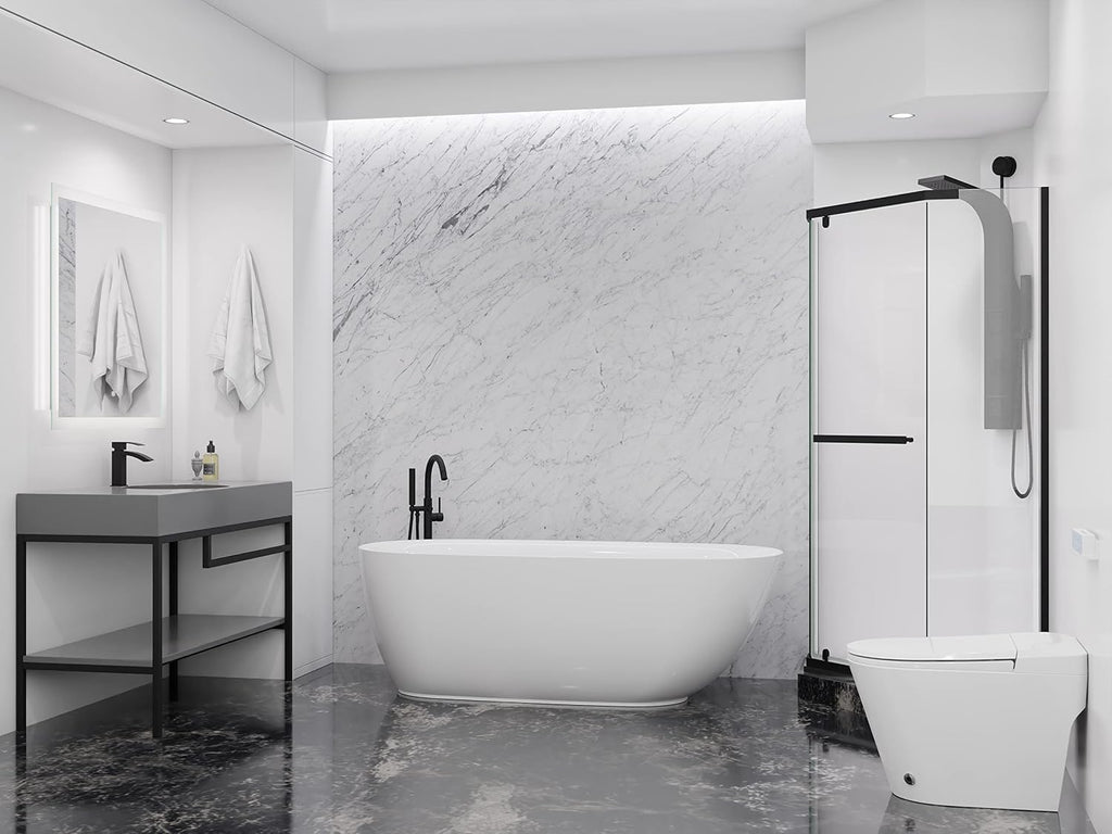 ANZZI Freestanding Bathtub Acrylic 59 In Flat Bottom Soaking Tub Glossy White One Piece Center Drain Overflow Included Slip Resistant Floor Adjustable Feet 79 Gal Capacity Ami Series | FT-AZ401-59