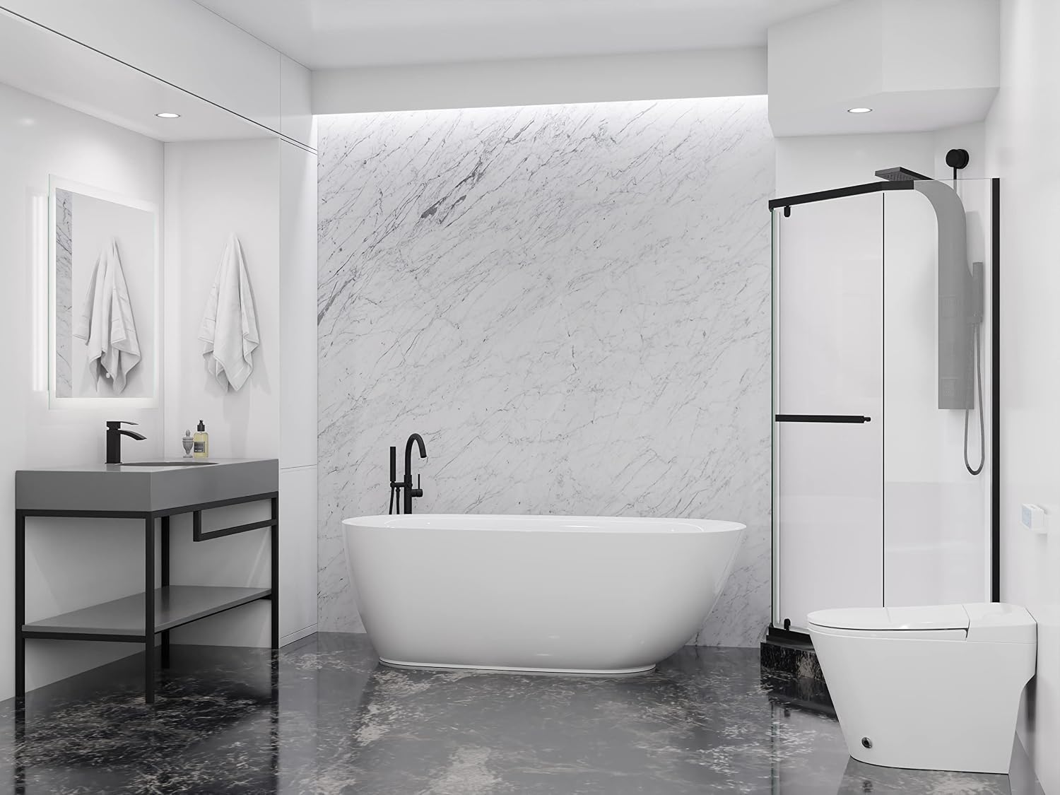 ANZZI Freestanding Bathtub Acrylic 59 In Flat Bottom Soaking Tub Glossy White One Piece Center Drain Overflow Included Slip Resistant Floor Adjustable Feet 79 Gal Capacity Ami Series | FT-AZ401-59