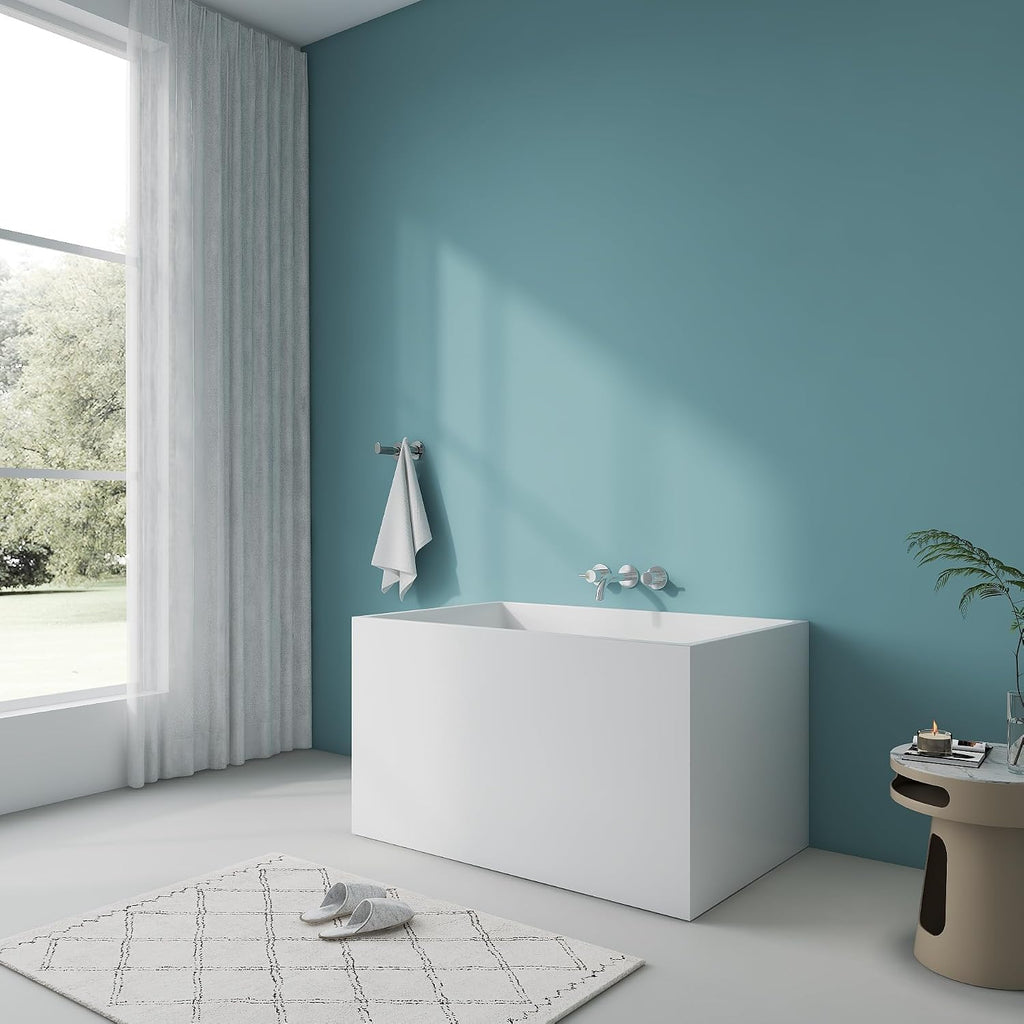 43.3' Free standing Bathtubs With Seat, Gloss White Acrylic Tub | Modern Freestanding Bathtub, Unique Soaking Tub with Overflow and Drain
