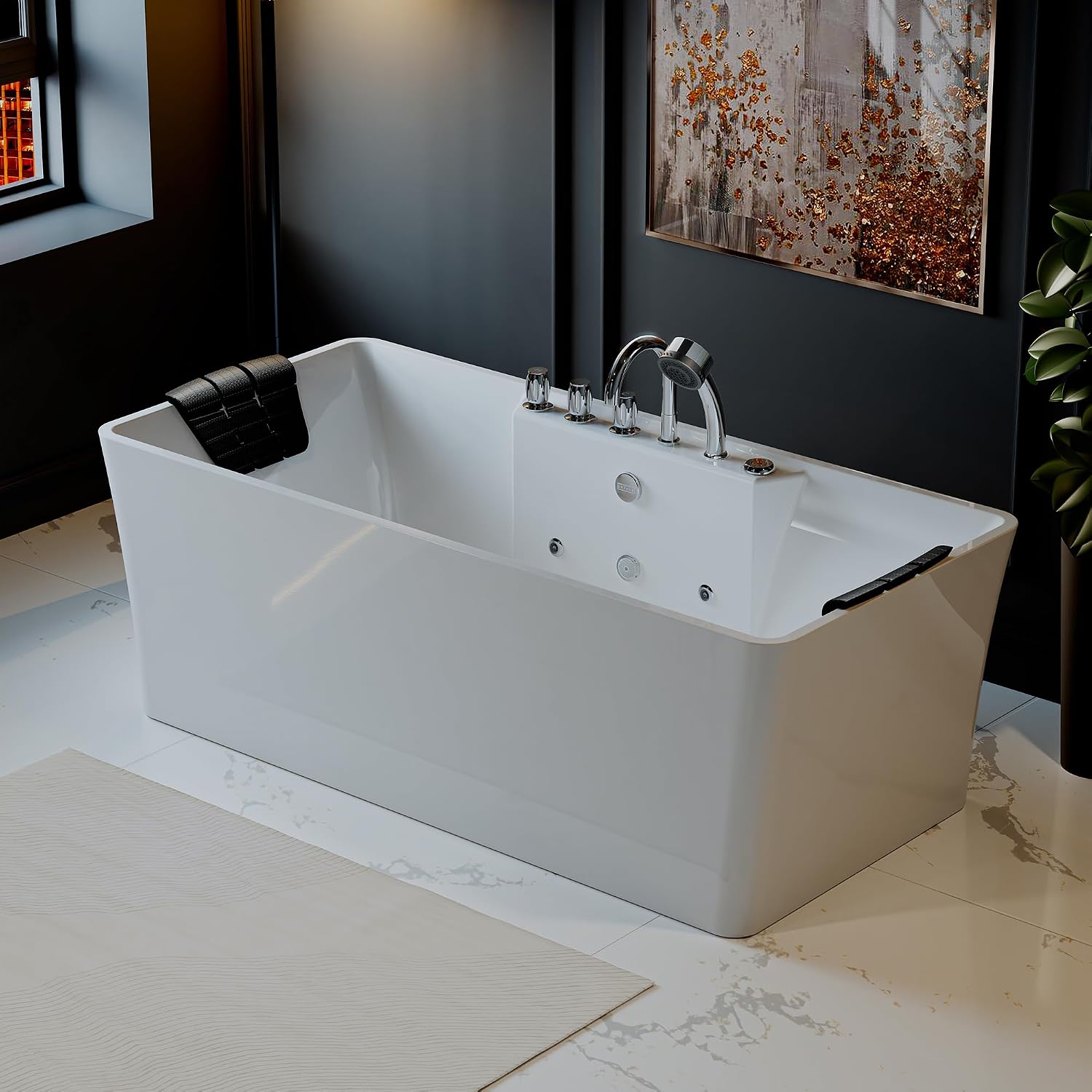 Empava 59' x 30' Freestanding Whirlpool Tub,560W Stand Alone Jetted Bathtub,ETL Certified,Center Drain,Acrylic, 60 Gallons, Rectangle Spacious for Big-Boned or Busty Sizes