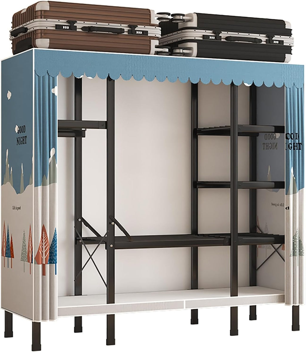 Portable Wardrobe Closet With Cover, Foldable Garment Rack With Hanging Rods, Metal Coat Storage Clothing Rack For Hanging Clothes, For Bedroom(Blue1,190cm/74.8inch)