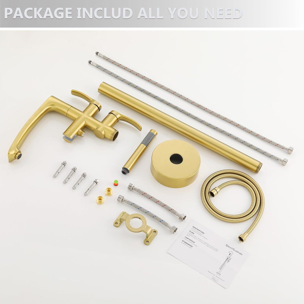 Free Standing Tub Faucet, Brushed Gold Floor Mount Bathtub Faucet with 360 Swivel Spout and Hand Shower, High Flow Stainless Steel Freestanding Tub Filler JXM-F001BG