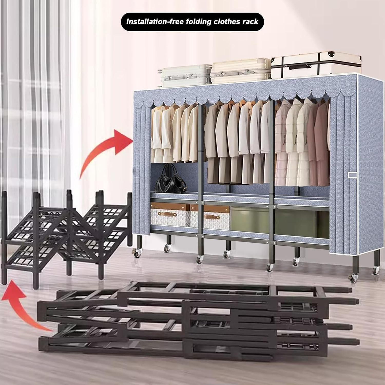Foldable Clothe Rack With Wheel - Heavy-duty Portable Wardrobe, With W/cover Load 2000lbs, Freestanding Clothing Coat Storage, Rack Rolling Garment Rack For Hanging Clothes, For Bedroom ( Size : 190cm