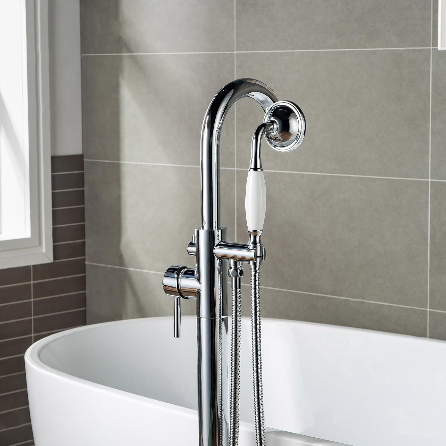 WOODBRIDGE F0002CHVT Fusion Single Handle Floor Mount Freestanding Tub Filler Faucet with Telephone Hand shower in Polished Chrome Finish