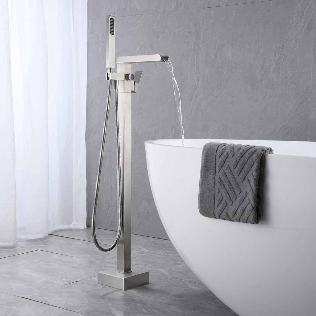 Wowkk Freestanding Bathtub Faucet Waterfall Tub Filler Brushed Nickel Floor Mount Brass Single Handle Bathroom Faucets with Hand Shower