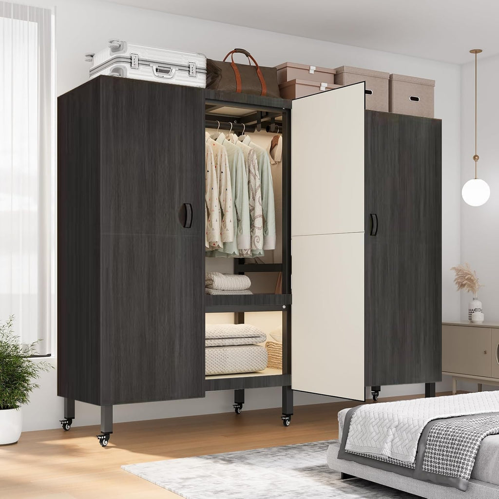 Heavy Duty Covered Clothes Rack with Magnetic Door Foldable Portable Wardrobe Closet for Hanging Clothing Rolling Black Metal Garment Rack on Wheels Closet System (Black, 70.89in)